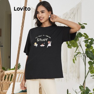 Áo thun Lovito L02015 dáng rộng cỡ lớn in chữ màu đen/ hồng