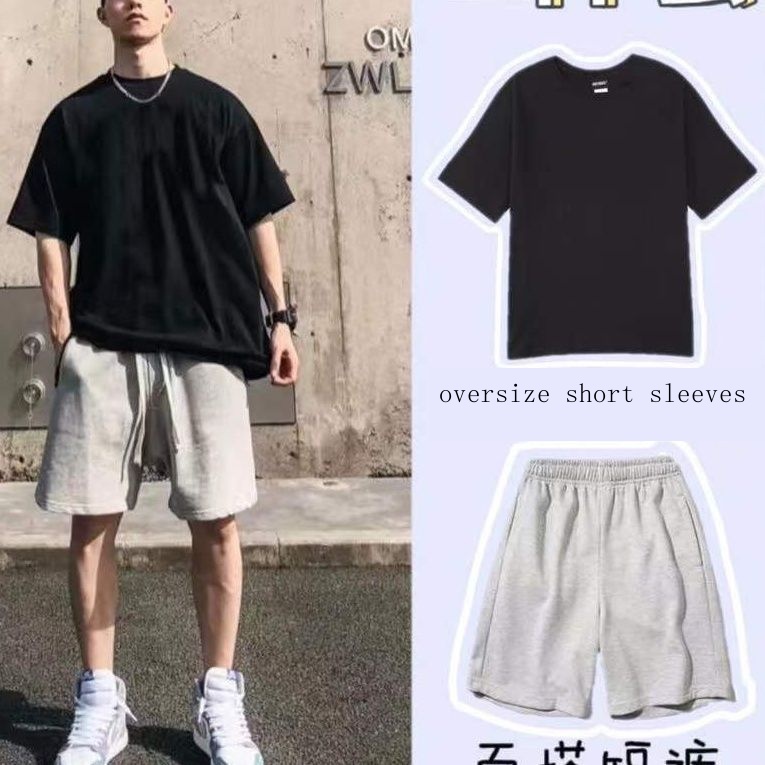 Set Áo Thun Ngắn Tay Cổ Tròn + Quần Short Ống Rộng Thời Trang Mùa Hè Mới Cho Nam