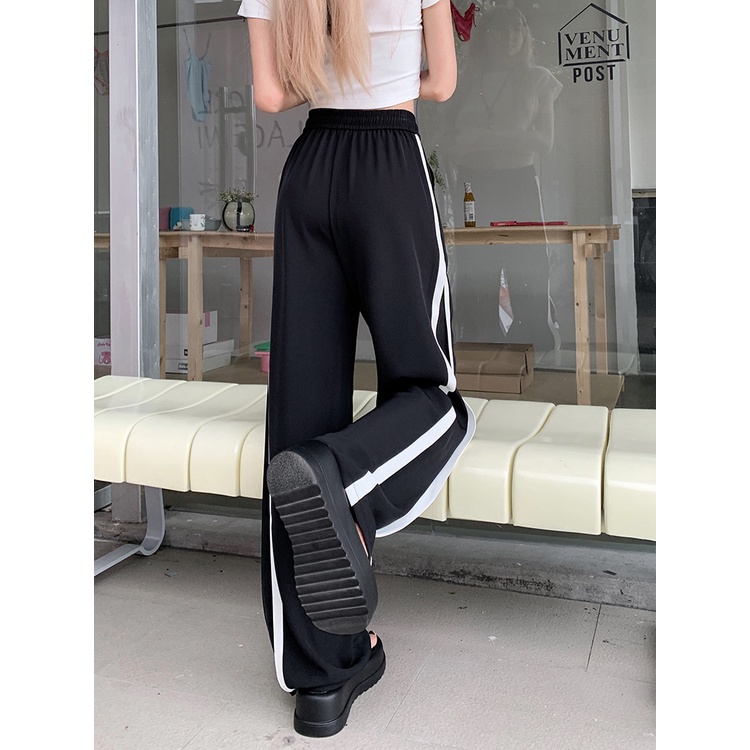 Lalisas Quần Dài Ống Rộng Lưng Cao Co Giãn Phối Dây Rút Thời Trang Cho Nữ