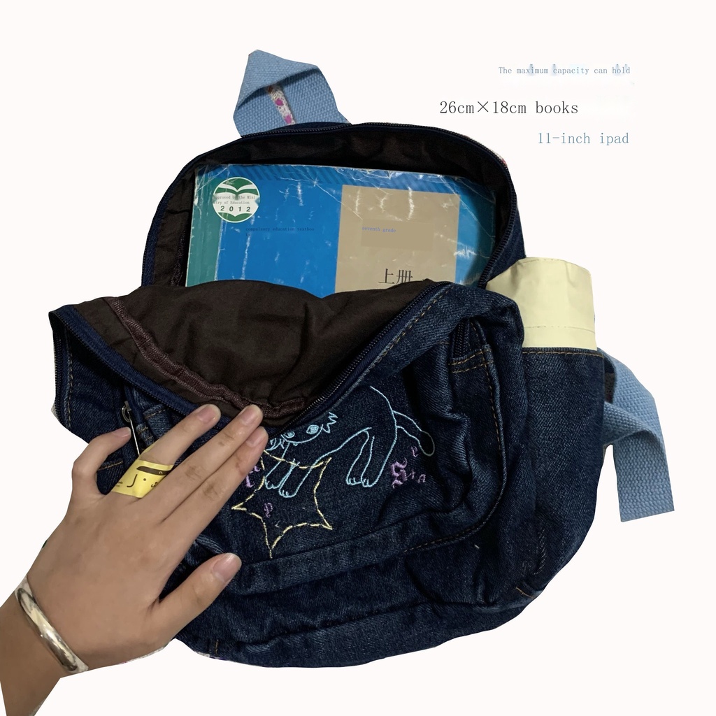 Ba Lô denim Nhiều Túi In Hình Mèo Kittystar Dễ Thương Phong Cách retro Nhật Bản