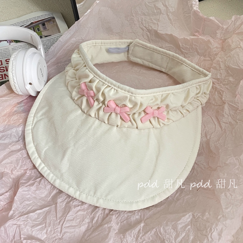 Mũ Chống Nắng Mùa Hè Khoét Rỗng Đính Nơ Màu Kem Dễ Thương Cho Nữ