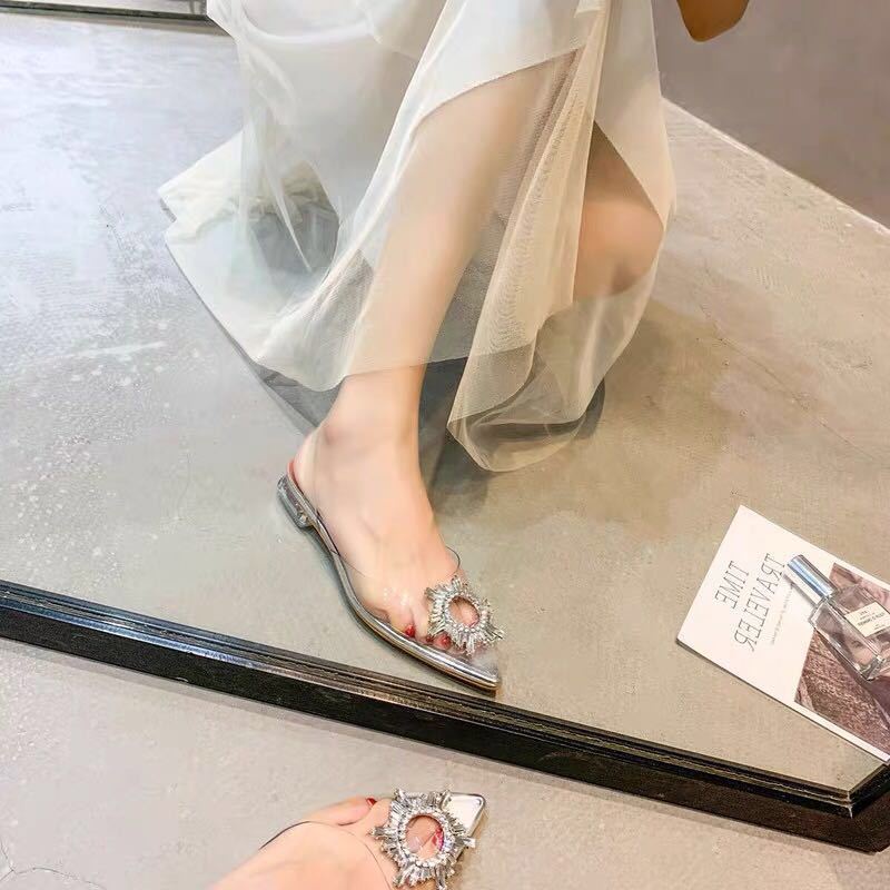 Giày Sandal Mũi Nhọn Quai Trong Suốt Đính Đá Thời Trang Mùa Hè Dành Cho Nữ 2023