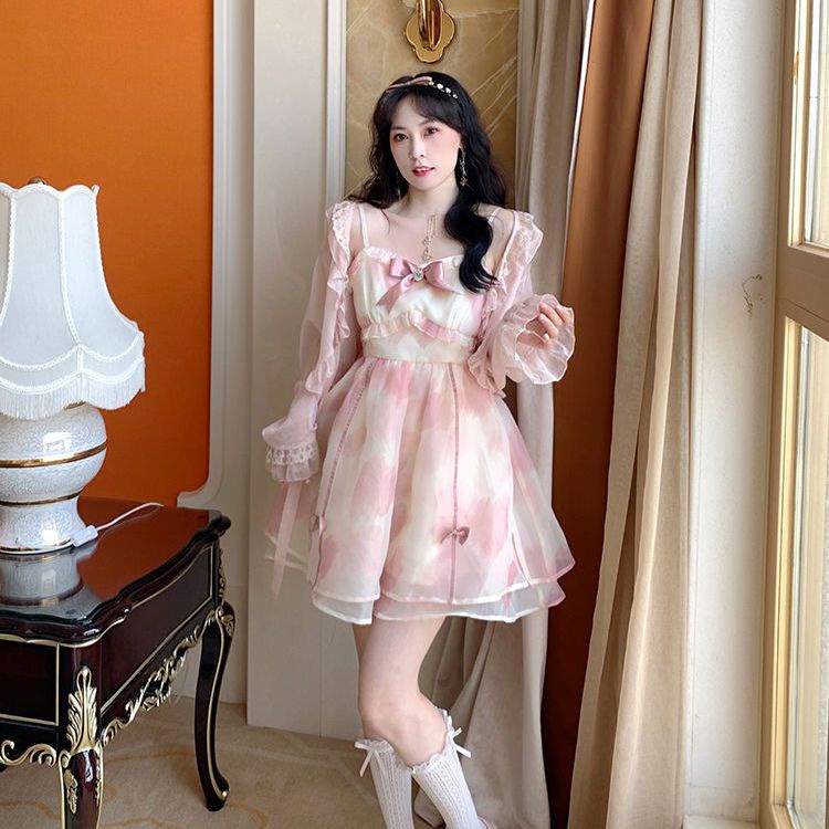 Đầm công chúa Đầm Hai Dây Mỏng Nhẹ Đính Nơ Kim Cương Phong Cách Pháp Ngọt Ngào Thời Trang Mùa Hè Cho Nữ