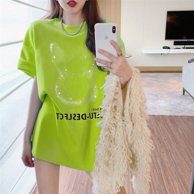 Công việc nặng nhọc, khoan bỏng, thỏ, dài vừa phải, áo thun ngắn, áo thun nữ 2022, xuân hè năm 2022, phiên bản Hàn Quốc, rộng rãi, rộng hàng trăm, nửa tay, đồng cảm,...