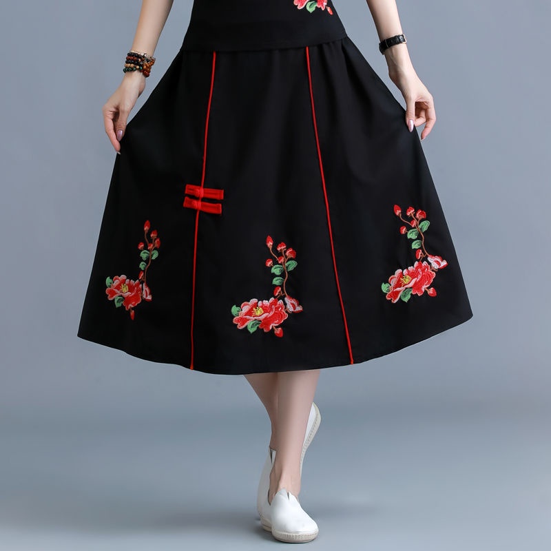 Chân Váy Chất Liệu Cotton Lanh Thêu Họa Tiết Có Túi Trước Sau Phối Nút Cài Thời Trang Cho Nữ