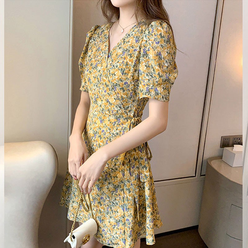 Đầm Nữ In Hoa Màu Đen Phong Cách vintage Hàn Quốc