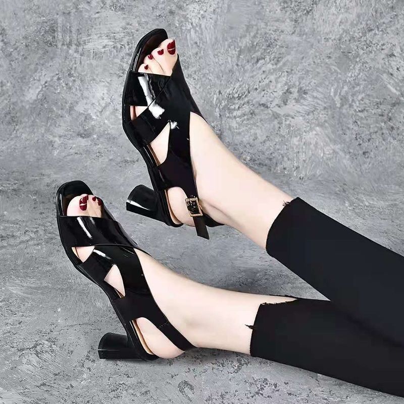 Giày Sandal Cao Gót Da Thật Mũi Vuông Hở Ngón Thời Trang 2022 Cho Nữ