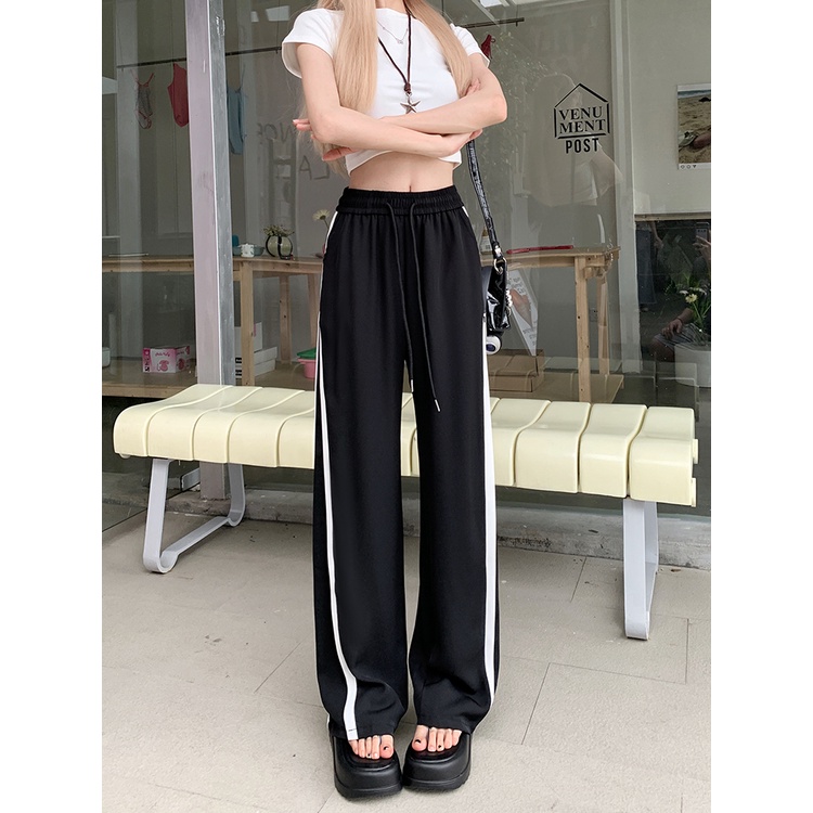 Lalisas Quần Dài Ống Rộng Lưng Cao Co Giãn Phối Dây Rút Thời Trang Cho Nữ