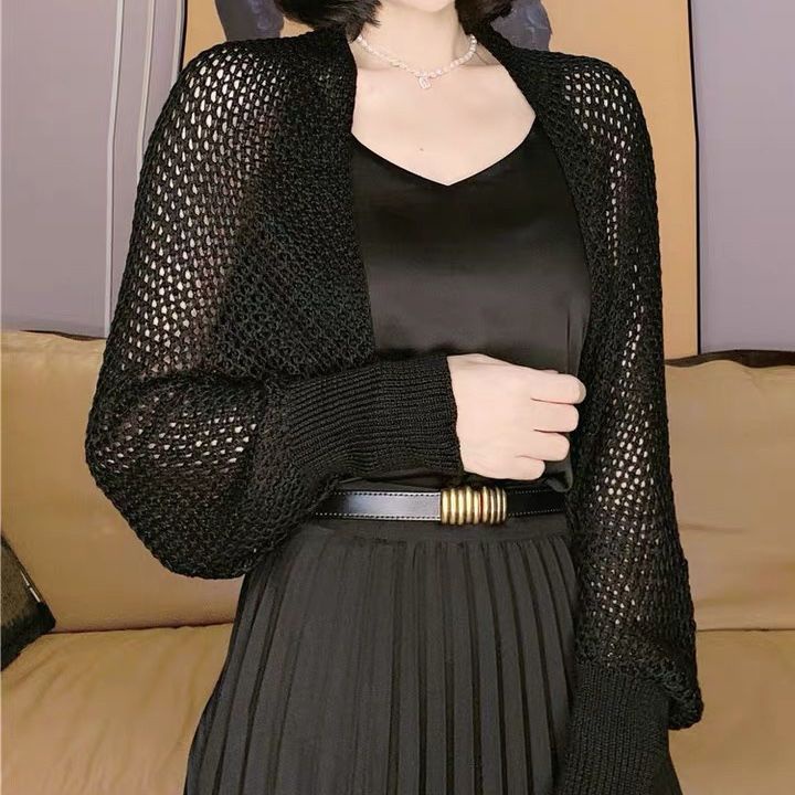 Áo Khoác Cardigan Dệt Kim Mỏng Dáng Ngắn Phối Lưới Thời Trang Mùa Hè Cho Nữ