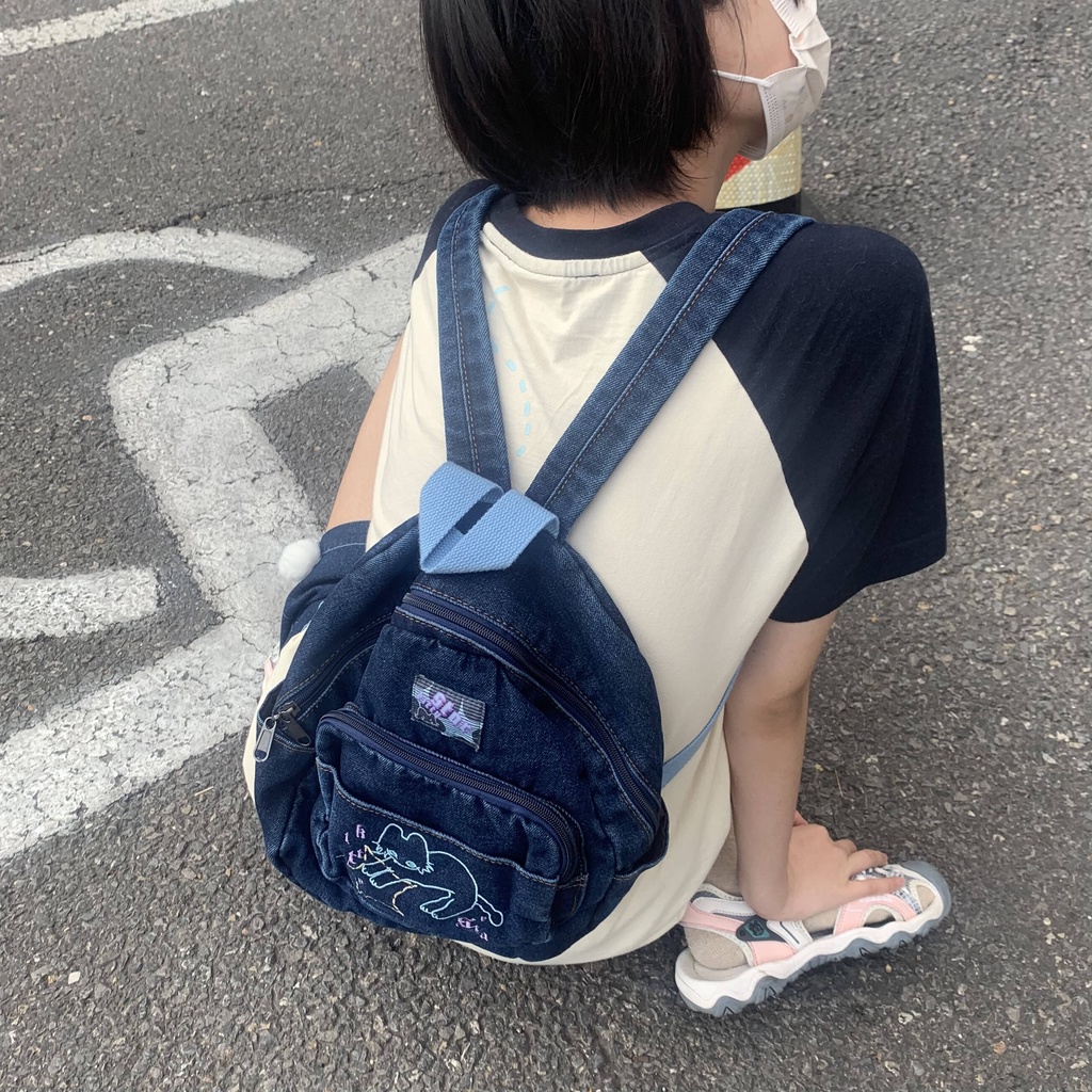 Ba Lô denim Nhiều Túi In Hình Mèo Kittystar Dễ Thương Phong Cách retro Nhật Bản