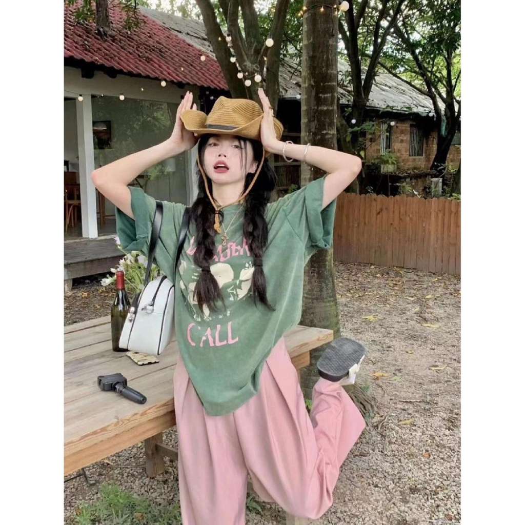 ~ Bộ Áo Thun Tay Ngắn Dáng Rộng Màu Xanh Bơ Và Quần Dài Thẳng Dễ Phối Đồ Cho Nữ @ -