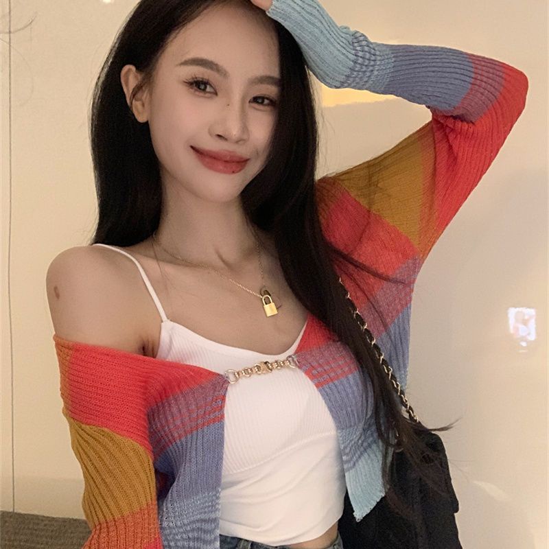 Áo Cardigan Dệt Kim Mỏng Tay Dài Dáng Ôm Màu Cầu Vồng Thời Trang Mùa Hè 2022 Cho Nữ