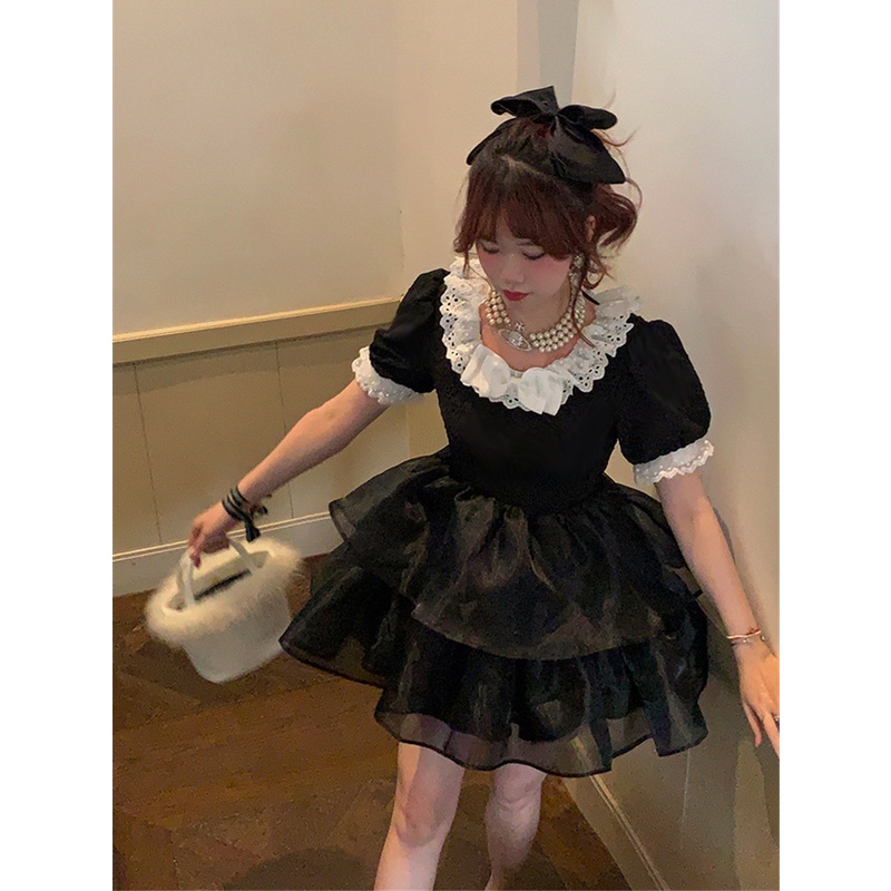 Tính khí ngọt ngào gạc khâu puff tay áo váy mùa hè phong cách mới hẹp eo thon hơn nhìn công chúa váy phồng váy ngắn
