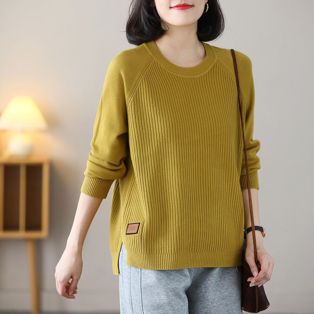 Áo len trơn màu thu đông mới của phụ nữ phiên bản hàn quốc cỡ lớn hợp thời trang khe hở bụng dệt kim tròn