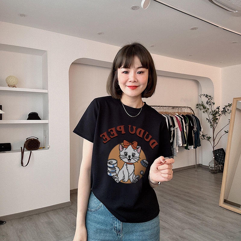 Áo thun NRVP 100% cotton tay ngắn dáng rộng in họa tiết phong cách Hàn Quốc thời trang cho nữ