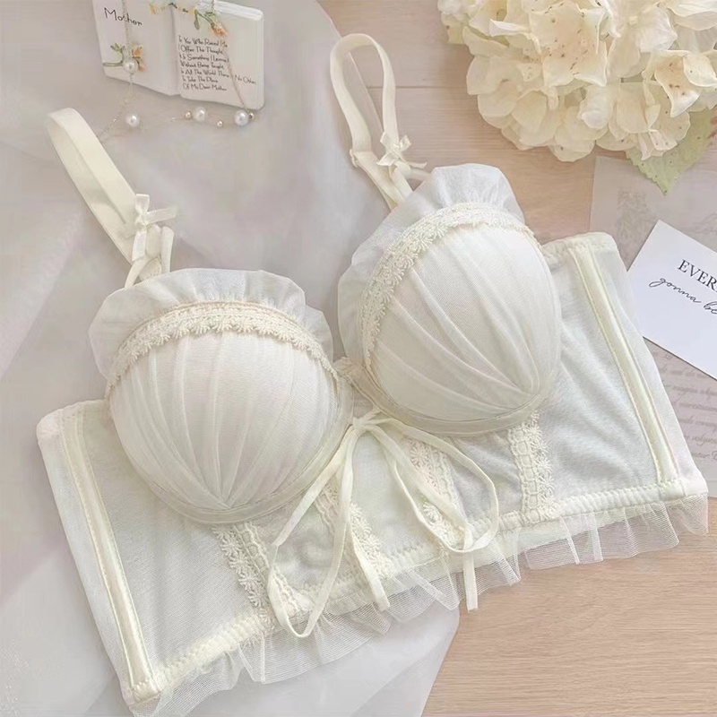 Áo Lót Nâng Ngực 3 / 4 Cúp Không Gọng Phối Ren Phong Cách Lolita