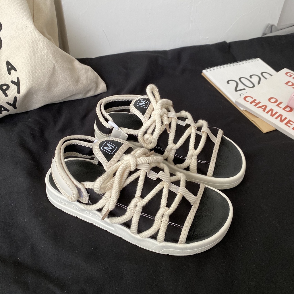 Giày Sandal Cột Dây Đế Bằng Phong Cách Hàn Quốc Thời Trang Mùa Hè 2021