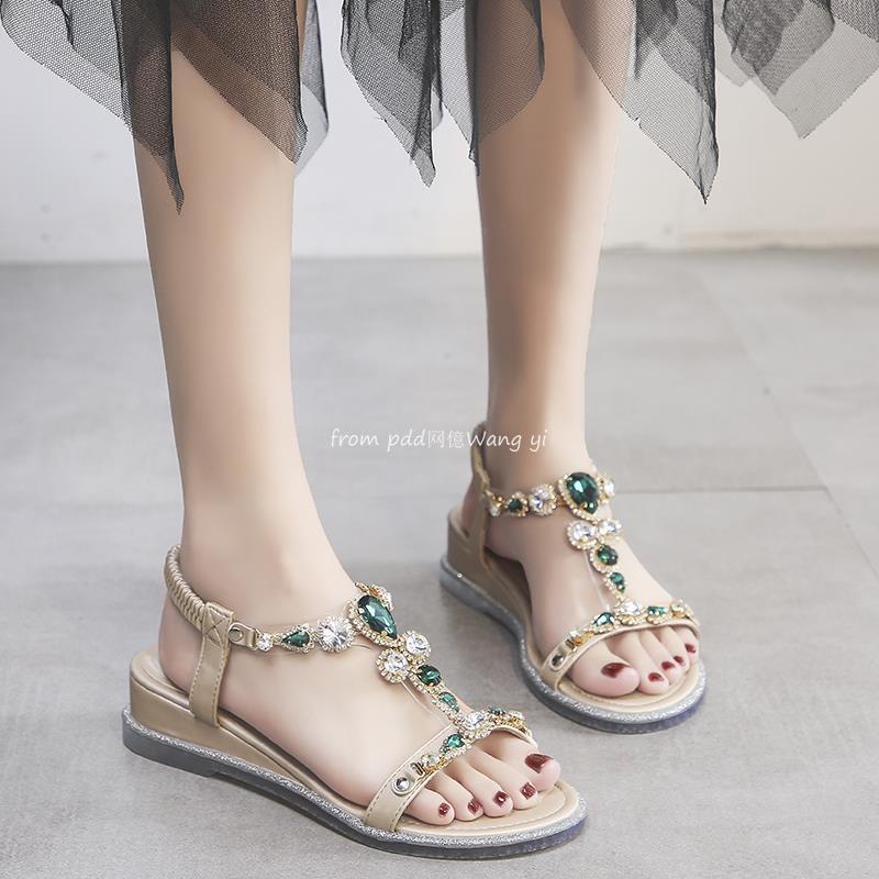 Giày Sandal Đế Xuồng Phẳng Mùa Hè 2023 Đính Đá Phong Cách Bohemian Hợp Thời Trang Cho Nữ