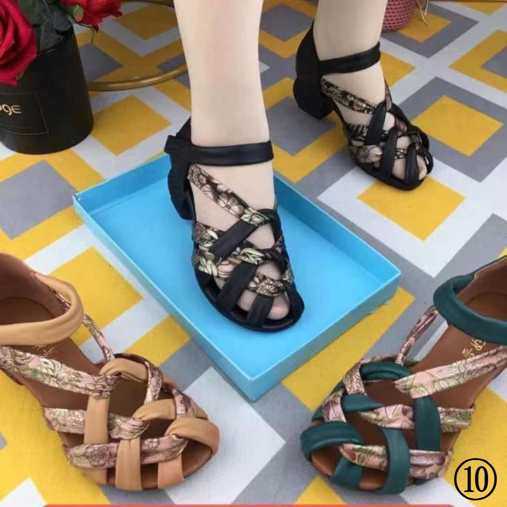 Giày Cao Gót Sandal Da Mềm Phong Cách Dân Tộc Retro Thời Trang Mùa Hè Dành Cho Nữ
