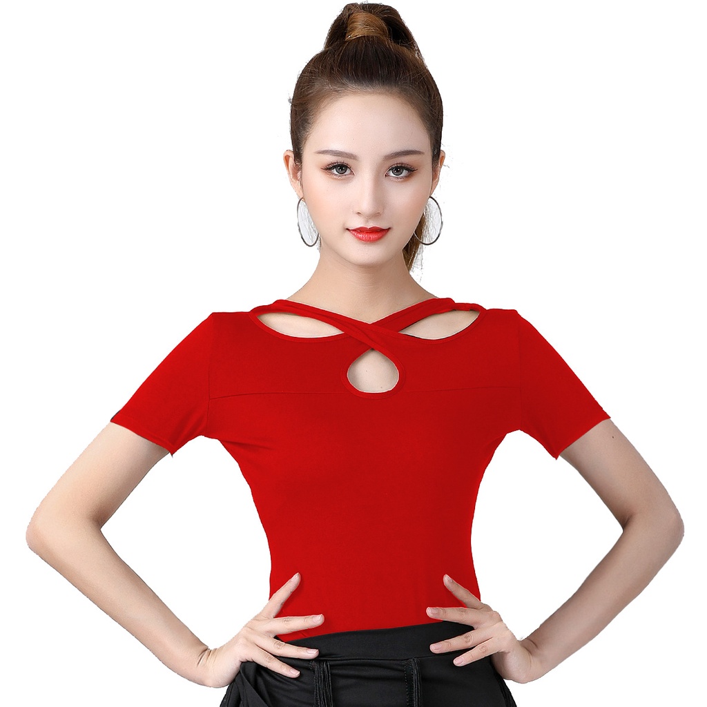 Áo Thun Khiêu Vũ Latin Ngắn Tay Chéo Dây Trước Và Sau Lưng Cho Nữ