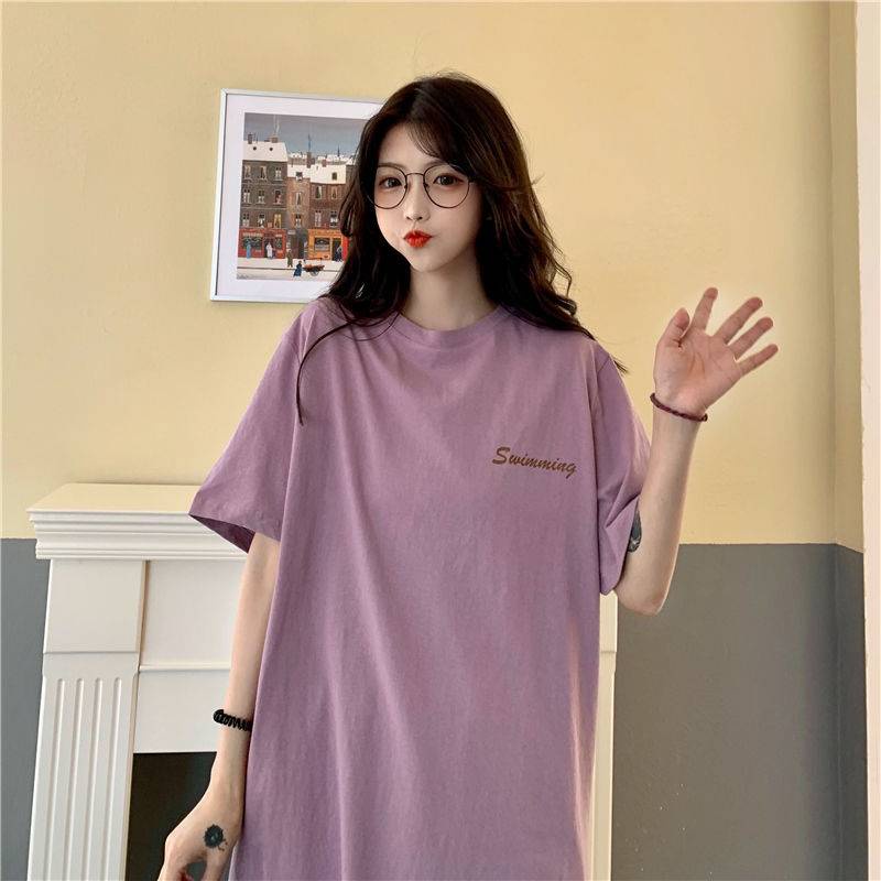 Áo Thun Cotton Nguyên Chất Ngắn Tay Dáng Dài Qua Gối Phong Cách vintage Hàn Quốc Mẫu Mới 2021