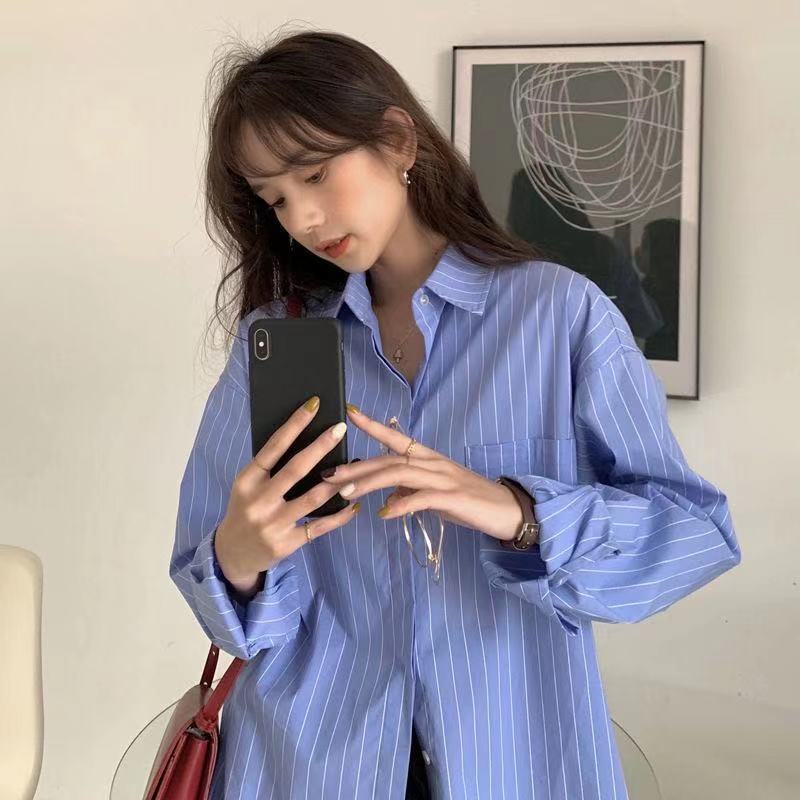 Áo Sơ Mi Tay Dài Dáng Rộng Họa Tiết Kẻ Sọc Màu Xanh Dương Thời Trang Xuân Hè 2023 Phong Cách Hàn Quốc Cho Nữ