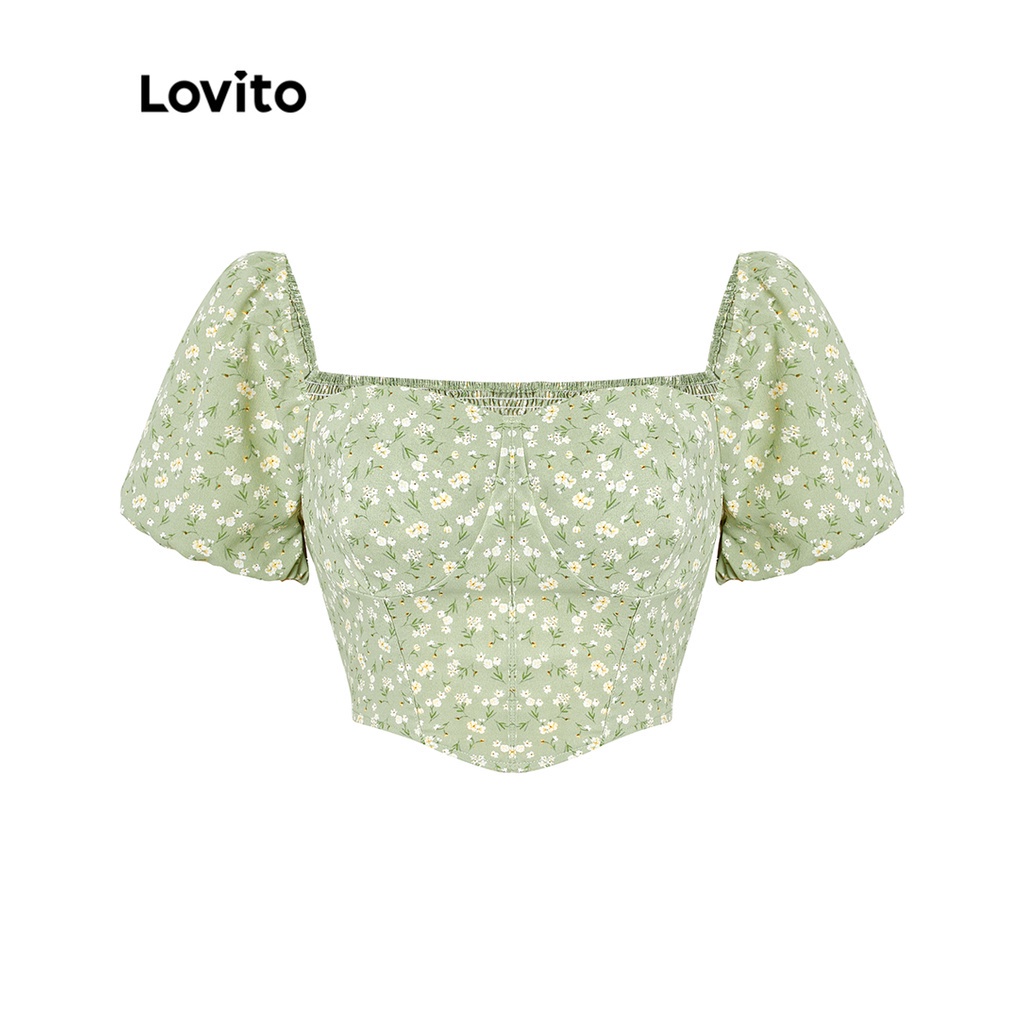 Áo Kiểu Hở Vai Có Đệm Mút Họa Tiết Hoa Ditsy Dễ Thương Cho Nữ L45AD016