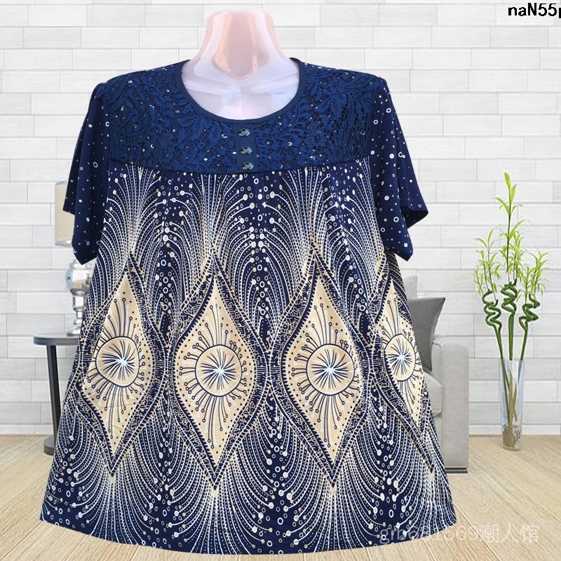 Áo Thun Tay Ngắn Che Bụng Chất Liệu Lụa Lạnh In Hoa Có Size Lớn Thời Trang Mùa Hè Cho Phụ Nữ Trung Niên 200