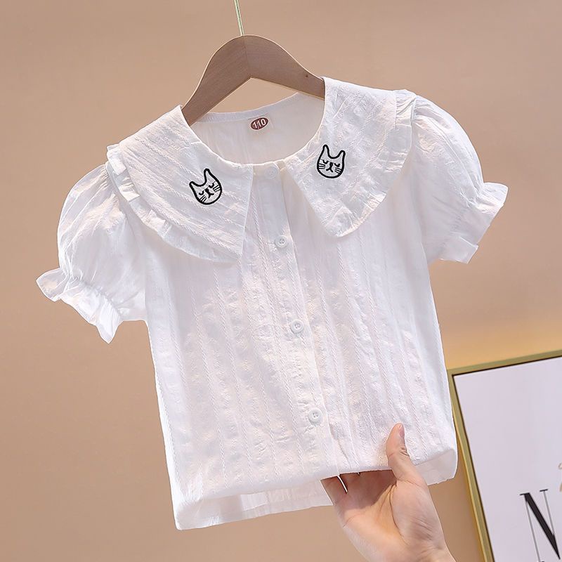 Áo Sơ Mi Trắng Tay Ngắn Cổ Búp Bê Kiểu Công Chúa Dễ Thương Cho Bé Gái