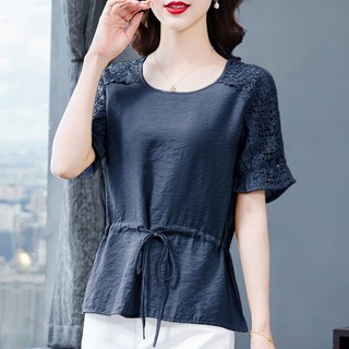 Áo chiffon tay ngắn phối ren thời trang mùa hè cho nữ