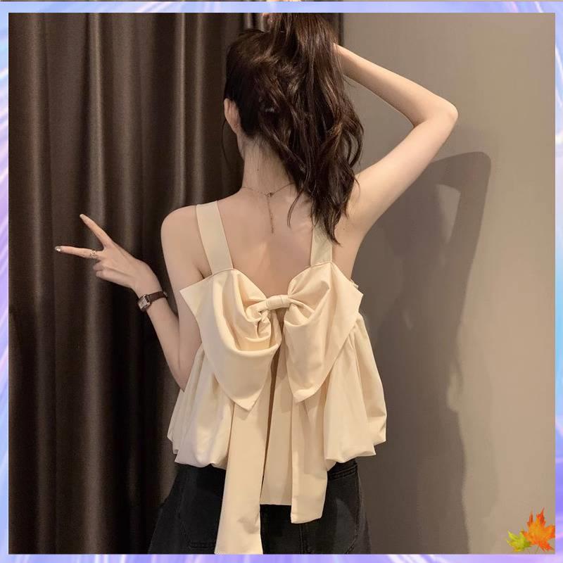 Áo Hai Dây Ngắn Dáng Rộng Đính Nơ Nhỏ Phong Cách Pháp Thời Trang Mùa Hè Cho Nữ