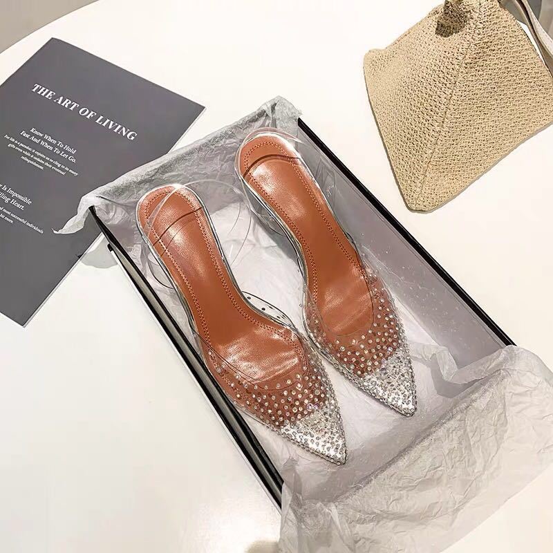 Giày Sandal Mũi Nhọn Quai Trong Suốt Đính Đá Thời Trang Mùa Hè Dành Cho Nữ 2023