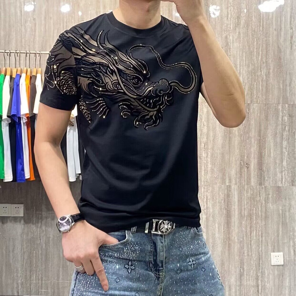 Hàng sẵn sàng!Áo Thun Tay Ngắn Cổ Tròn In Hình Rồng Phong Cách Thời Trang Mùa Hè Mới Cho Nam
