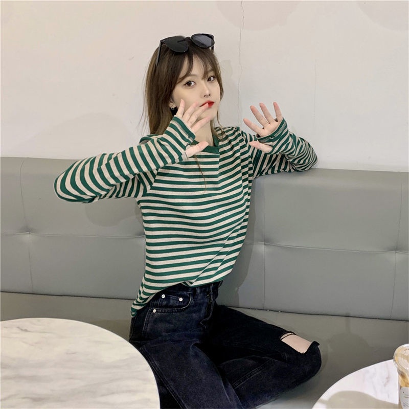Áo Thun cotton Mỏng Tay Dài Họa Tiết Kẻ Sọc Thời Trang Mùa Xuân 2023 Mới Cho Nữ