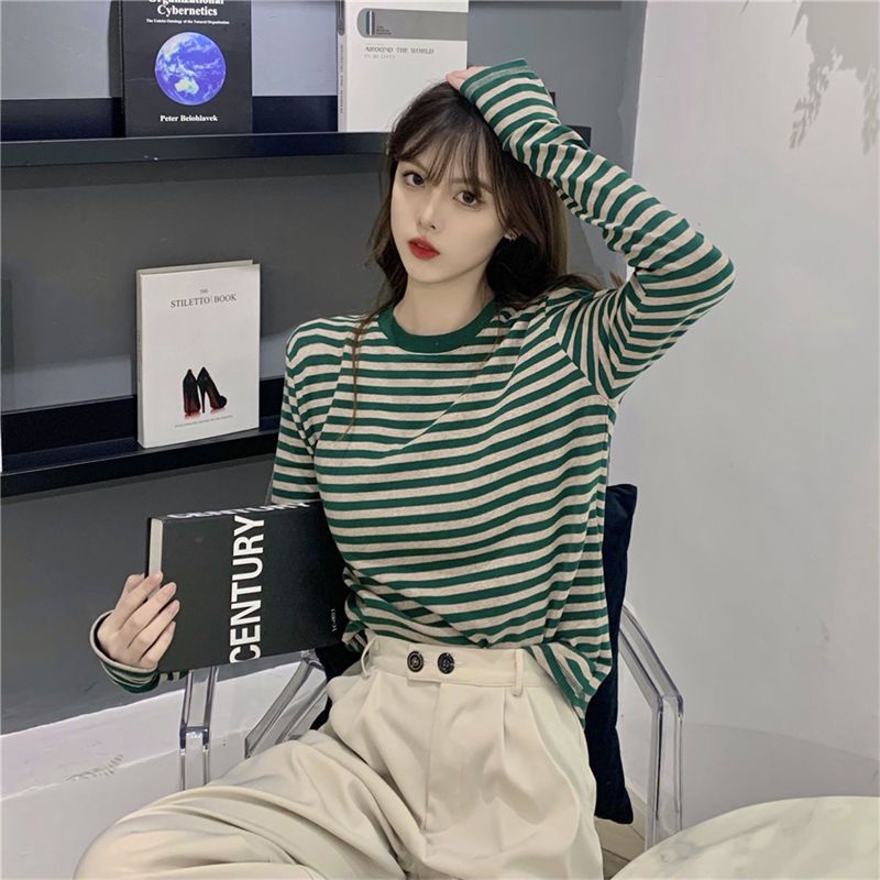 Áo Thun cotton Mỏng Tay Dài Họa Tiết Kẻ Sọc Thời Trang Mùa Xuân 2023 Mới Cho Nữ