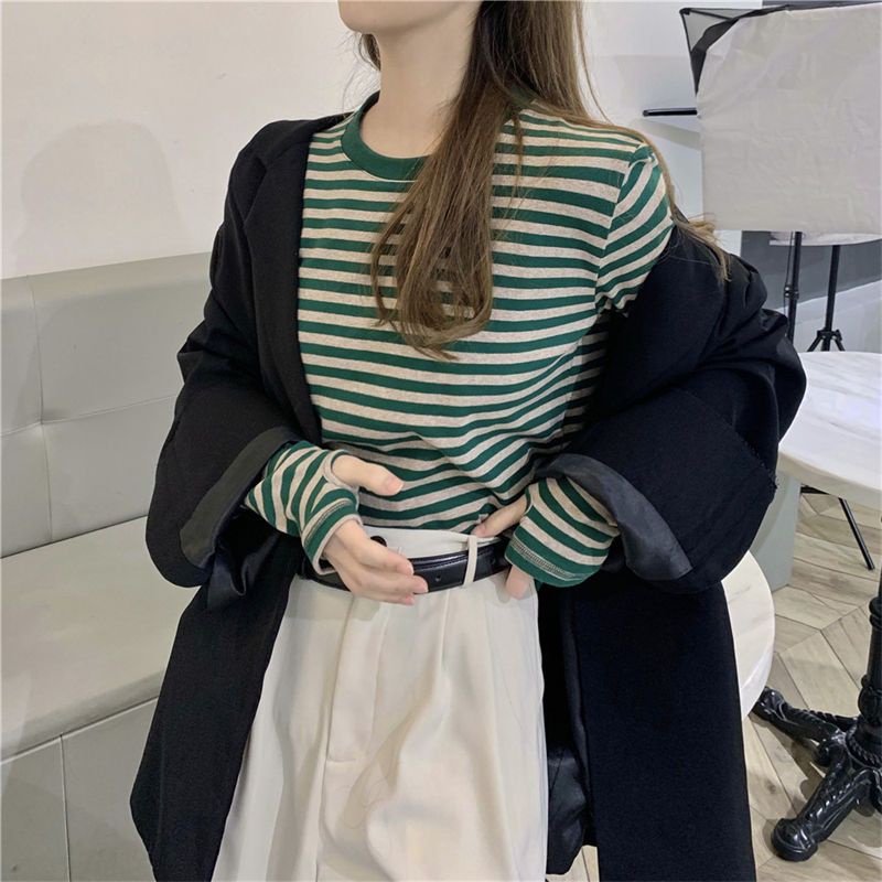 Áo Thun cotton Mỏng Tay Dài Họa Tiết Kẻ Sọc Thời Trang Mùa Xuân 2023 Mới Cho Nữ