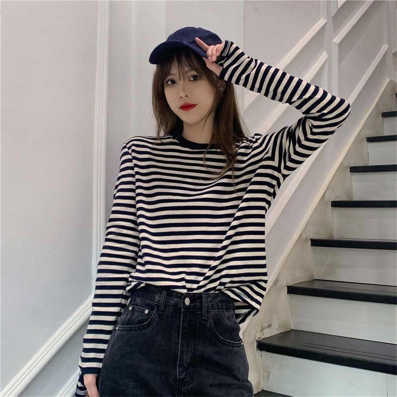 Áo Thun cotton Mỏng Tay Dài Họa Tiết Kẻ Sọc Thời Trang Mùa Xuân 2023 Mới Cho Nữ