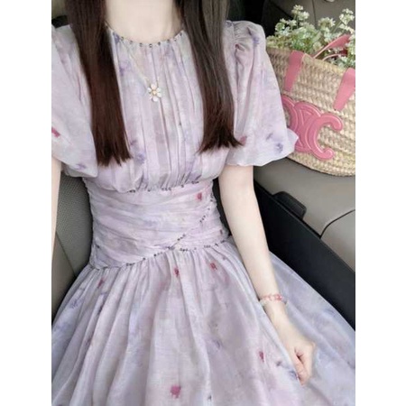 Đầm Hoa Tím Tay Phồng Cao Cấp Phong Cách Pháp Thời Trang Mùa Hè Cho Nữ