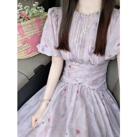 Đầm Hoa Tím Tay Phồng Cao Cấp Phong Cách Pháp Thời Trang Mùa Hè Cho Nữ