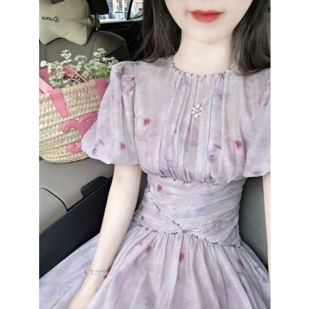 Đầm Hoa Tím Tay Phồng Cao Cấp Phong Cách Pháp Thời Trang Mùa Hè Cho Nữ