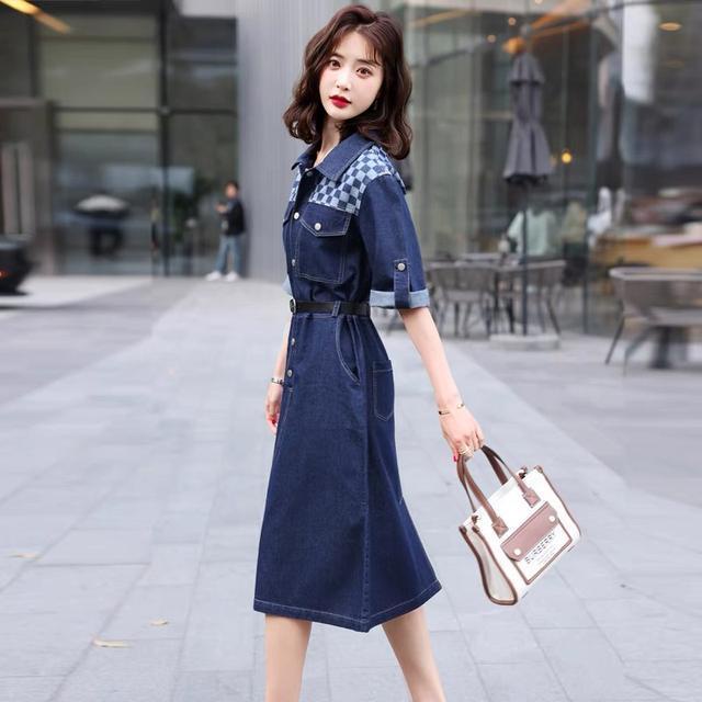 Đầm Sơ Mi denim Phối Họa Tiết Caro Phong Cách Châu Âu Thời Trang Cho Phụ Nữ Trung Niên