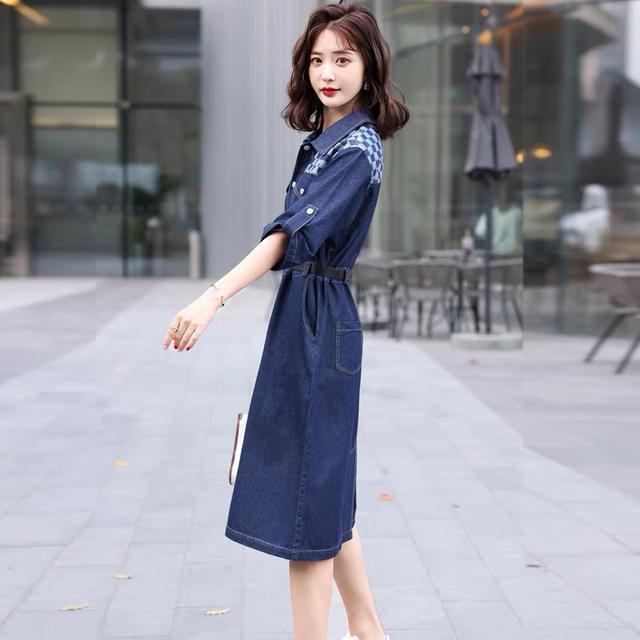 Đầm Sơ Mi denim Phối Họa Tiết Caro Phong Cách Châu Âu Thời Trang Cho Phụ Nữ Trung Niên