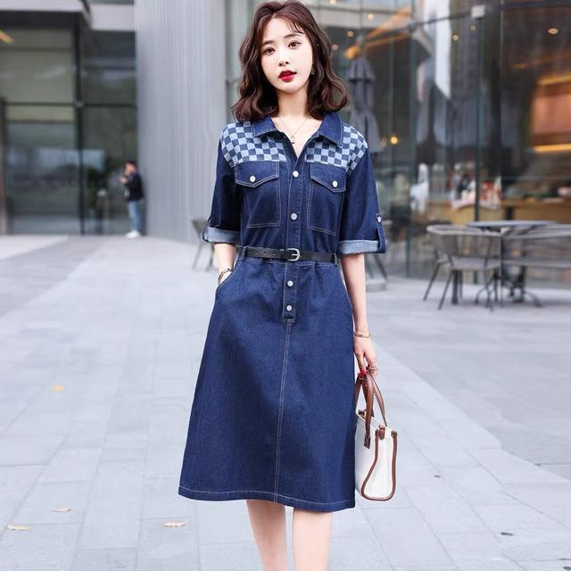 Đầm Sơ Mi denim Phối Họa Tiết Caro Phong Cách Châu Âu Thời Trang Cho Phụ Nữ Trung Niên