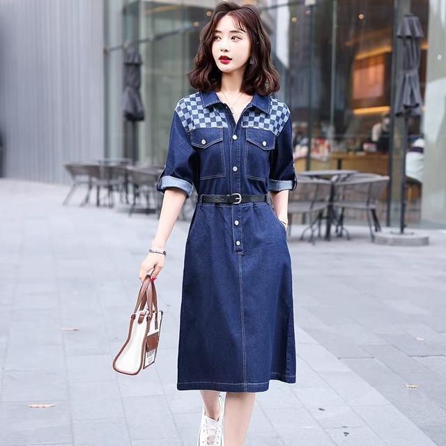 Đầm Sơ Mi denim Phối Họa Tiết Caro Phong Cách Châu Âu Thời Trang Cho Phụ Nữ Trung Niên