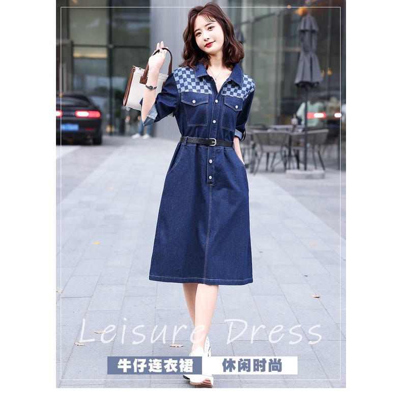 Đầm Sơ Mi denim Phối Họa Tiết Caro Phong Cách Châu Âu Thời Trang Cho Phụ Nữ Trung Niên