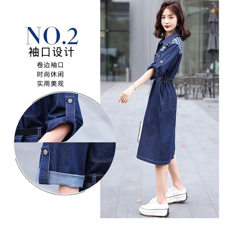 Đầm Sơ Mi denim Phối Họa Tiết Caro Phong Cách Châu Âu Thời Trang Cho Phụ Nữ Trung Niên