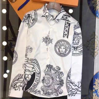 Versace áo sơ mi lụa dài tay in họa tiết thời trang cho nam