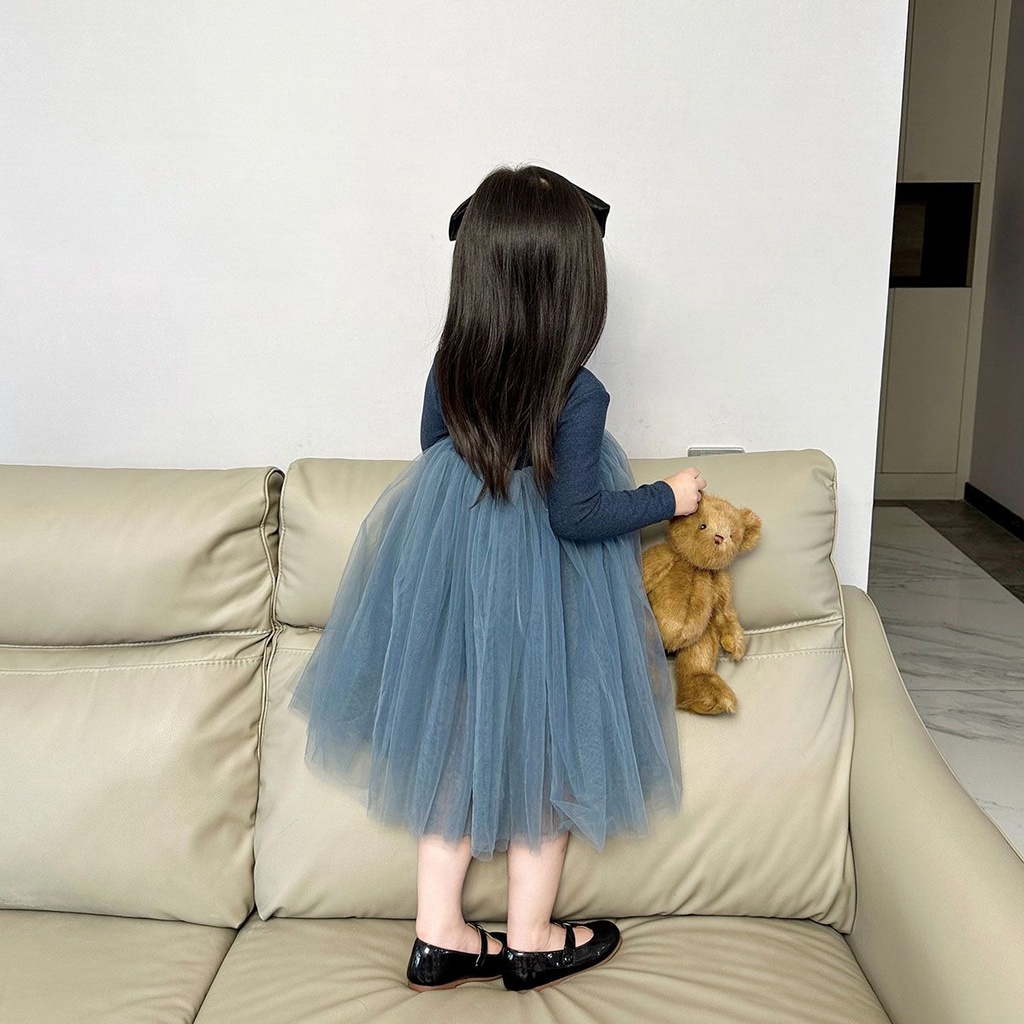 Đầm Công Chúa Tay Dài Phồng Phối Lưới Mềm Thời Trang Mùa Thu 2023 Cho Bé Gái