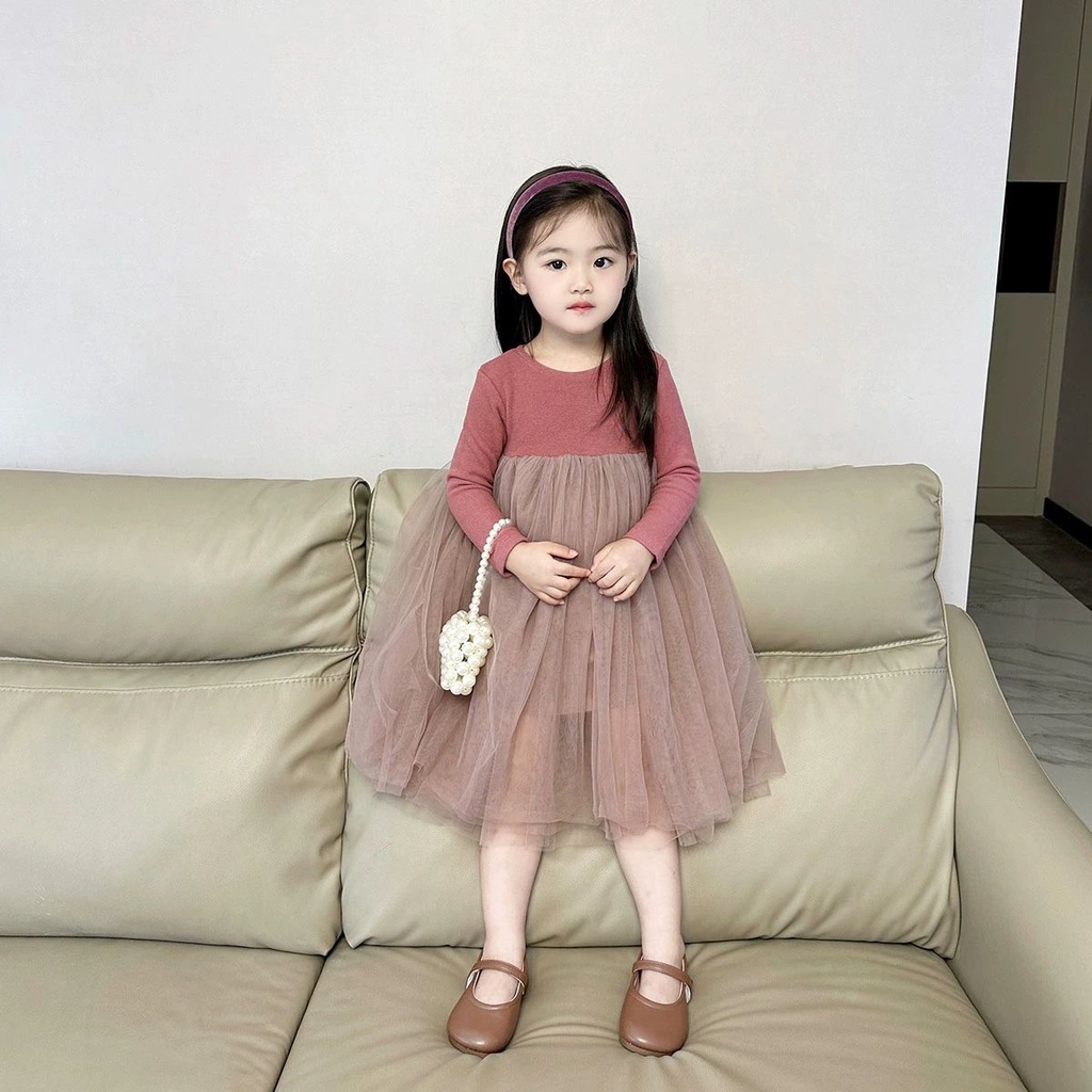 Đầm Công Chúa Tay Dài Phồng Phối Lưới Mềm Thời Trang Mùa Thu 2023 Cho Bé Gái