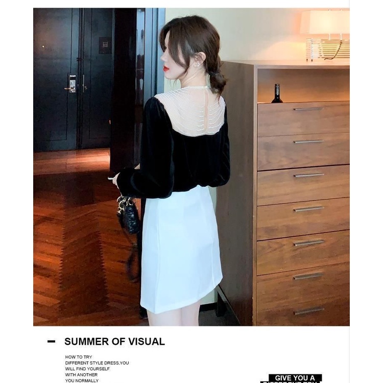 Áo Thun Tay Dài Vải Nhung Đính Hạt Vàng Phong Cách Châu Âu Thời Trang Mùa Thu 2023 Cho Nữ